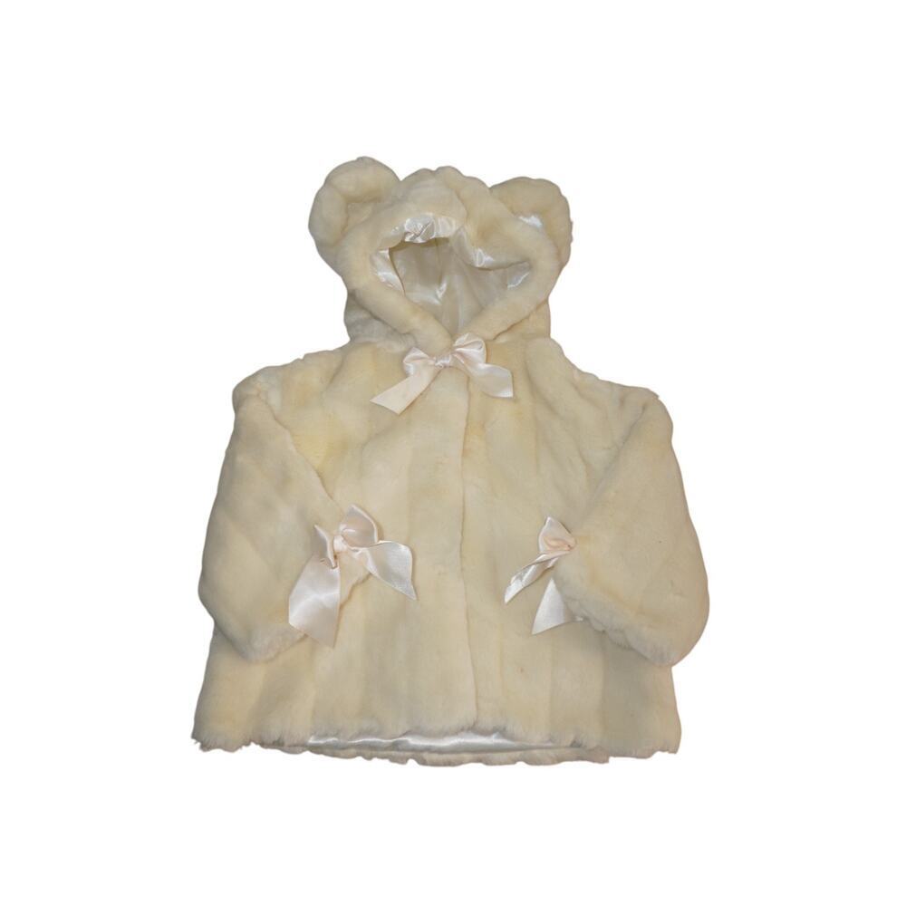 Bearington Baby Faux Fur Coat 12–24M Teddy Ear Hood Satin Bows Cream Jacket